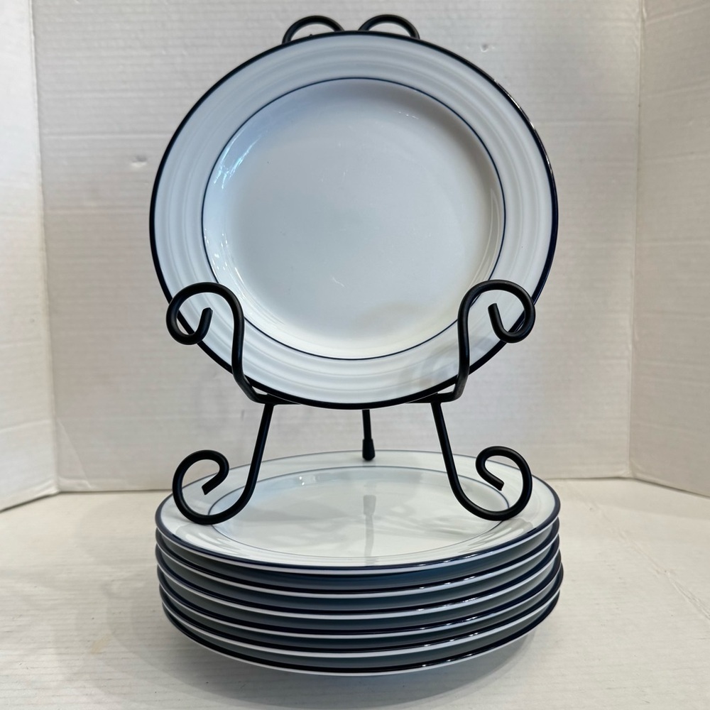 Lot of 4 Crate & Barrel Spal Porcelain Roulette Blue Trim 8 1/4” Salad Plate